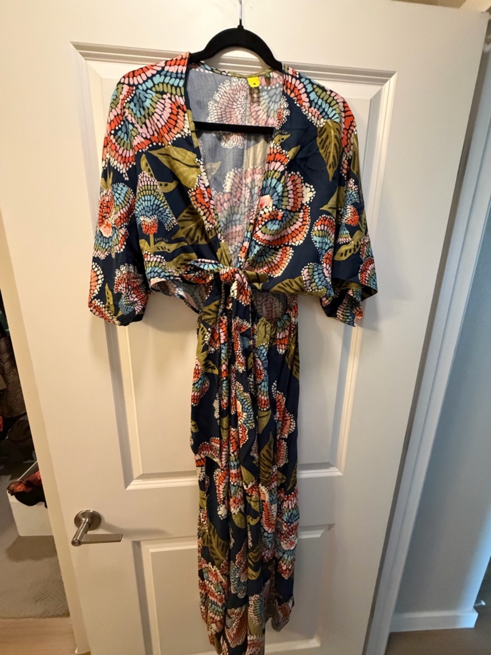 FARM Rio Navy Floral Tie-Front Jumpsuit with Coral & Olive Accents